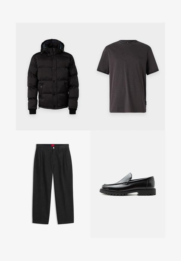 Guess Chaqueta de invierno - jet black; Camiseta de manga corta en gris carbón, hecha de una tela suave. Presenta un cuello redondo y un pequeño logo en el pecho. Textura suave.; Pantalones negros de talle alto con pliegues delanteros, trabillas para cinturón, cierre con botón y cremallera, y una etiqueta roja en el interior de la cintura.; Mocasín de cuero negro con suela de goma gruesa, empeine cosido y nombre de la marca en relieve en el talón, mostrado en perfil lateral sobre fondo blanco.