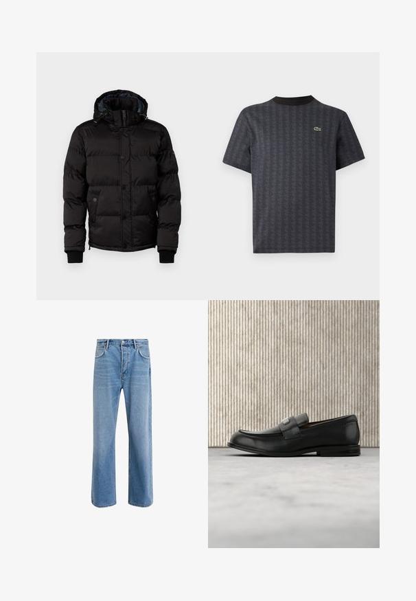Guess Winterjacke - jet black; Schwarzes Kurzarm-T-Shirt mit geometrischem Muster und grünem Krokodil-Logo, mit einem einfarbigen schwarzen Rundhalsausschnitt.; Helle blaue Jeans im Geradeschnitt-Design, mit fünf Taschen, Knopfverschluss, minimaler Ausbleichung und kontrastierenden Nähdetails.; Schwarzer Lederloafer mit einer Metallmarkenplatte, der nahe einem braunen runden Tisch auf beigem Teppichboden ruht.