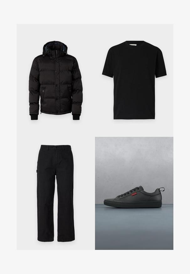 Guess Chaqueta de invierno - jet black; Camiseta negra de manga corta hecha de algodón con un cuello redondo y un corte holgado. Textura suave, sin patrones ni logotipos visibles.; Pantalones cargo de algodón negros con un diseño de pierna recta, que cuentan con bolsillos laterales y un cierre frontal con botón. Tela duradera con una textura suave.; Zapatillas negras de caña baja hechas de un material suave, con puntera redonda, cordones en la parte delantera, suela texturizada y un pequeño logotipo rojo.