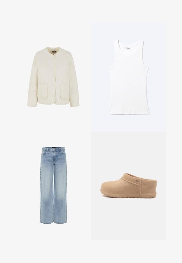 Chaqueta acolchada de crema clara con cuello redondo, botones en la parte frontal y dos bolsillos. Presenta un patrón de costura ondulado y una textura suave.; Camiseta sin mangas blanca con textura de canalé, cuello redondo y una pequeña etiqueta que dice "WEEKDAY" en el interior del cuello.; Jeans de mezclilla de pierna ancha en azul claro con una cintura alta, cinco bolsillos y un ligero desvanecimiento. Incluye pasadores para cinturón y cierre con cremallera.; Zueco de ante marrón claro tipo slip-on con tacón bajo y logo de UGG en el lateral, mostrado sobre un fondo blanco liso.
