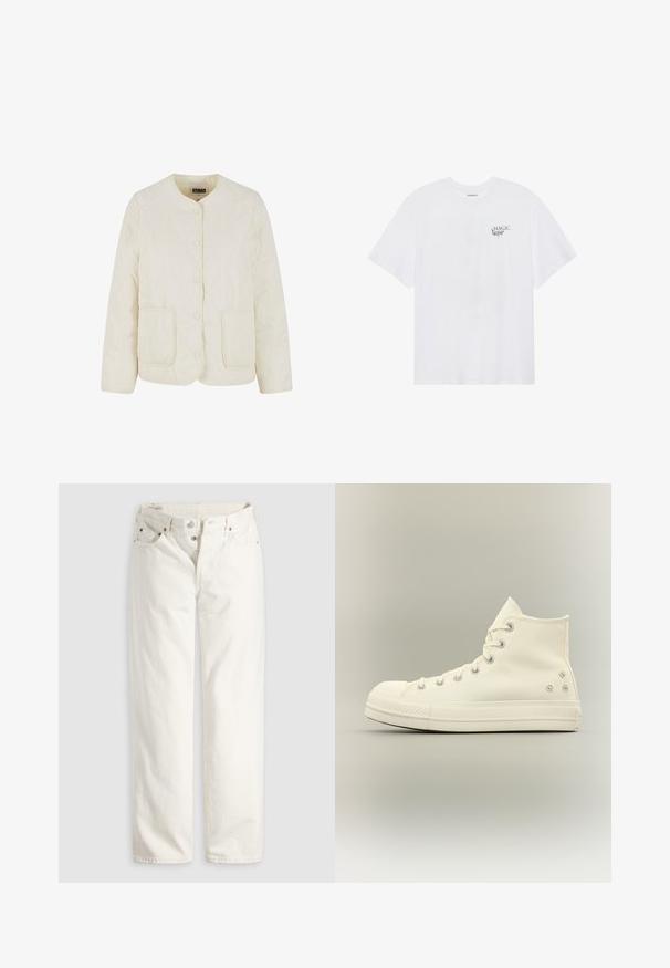 Chaqueta acolchada de crema clara con cuello redondo, botones en la parte frontal y dos bolsillos. Presenta un patrón de costura ondulado y una textura suave.; Even&Odd by Zalando Camiseta estampada - white; Vaqueros blancos de talle alto con pierna recta, cremallera de botones, bolsillos delanteros y traseros, y remaches de cobre visibles en las esquinas de los bolsillos.; Zapatilla de lona blanca de caña alta con suela gruesa, ojales de metal y pequeños agujeros de ventilación con forma de flor en el lateral.