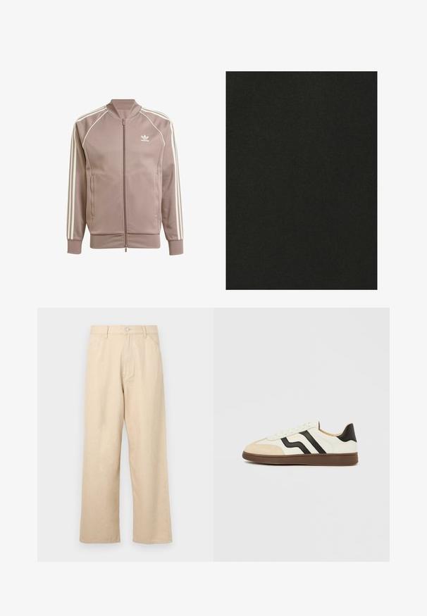 Mauve Adidas trainingsjack met volledige voorrits, witte drie strepen op de mouwen, geribbelde boorden en Adidas trefoil-logo op de linkerborst.; Zwarte stof met een fijne ribbelstructuur, gelijkmatig geweven, met een zachte en gladde oppervlakte. Geschikt voor verschillende kledingtoepassingen.; Beige wijde broek van denim met een gestructureerde afwerking, voorzien van een sluiting met een knoop aan de voorkant en een klassieke vijf-pocket stijl.; Witte lederen sneaker met zwarte strepen en een lichtbruine suède neuskap. Rubberzool in donkerbruin. Veters en een gewatteerde kraag maken het ontwerp compleet.