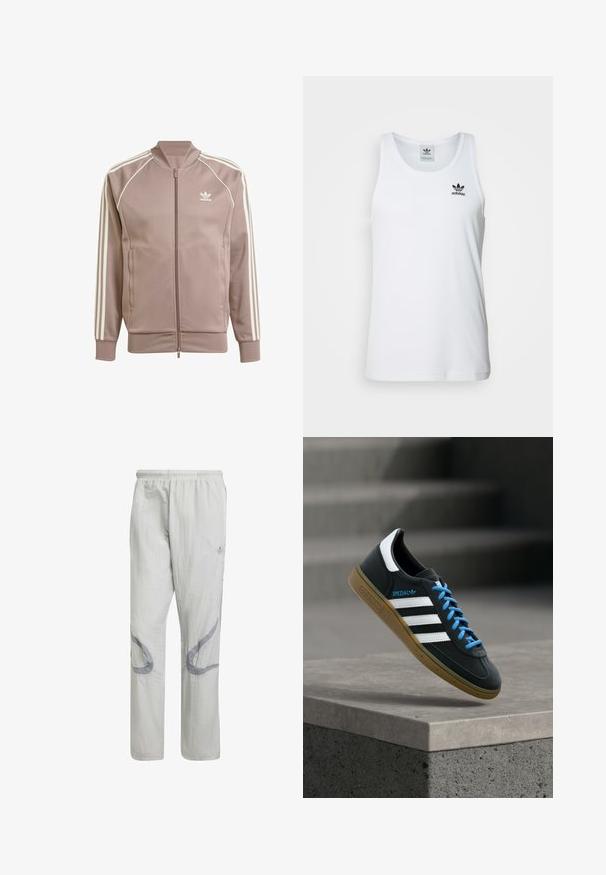 Mauve Adidas trainingsjack met volledige voorrits, witte drie strepen op de mouwen, geribbelde boorden en Adidas trefoil-logo op de linkerborst.; Witte geribde tanktop met ronde hals, zwarte Adidas-logo op de linkerborst en zonder mouwen. Zachte katoenen stof, casual pasvorm.; Lichtgrijze geweven broek met een elastische tailleband en abstracte grauwe patronen aan de zijkanten. Heeft een losse, rechte pijpdesign.; Zwarte Adidas-sneaker met witte strepen, blauwe veters en een gumzool die boven een grijze betonnen trede zweeft in zacht licht.
