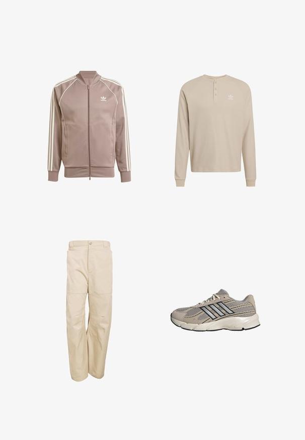 Mauvefarbene Adidas Trainingsjacke mit durchgehendem Frontreißverschluss, weißen drei Streifen an den Ärmeln, gerippten Bündchen und Adidas Trefoil-Logo auf der linken Brust.; Beige Langarm-Henley-Shirt aus strukturiertem Stoff, mit einer Dreiknopf-Leiste und weißem Logo auf der linken Brust. Gerippte Bündchen und Kragen.; Beige Baumwollhosen mit lockerer Passform, ausgestattet mit Knopfverschluss, Gürtelschlaufen, Seitentaschen und einer glatten Textur.; Beige-grauer Mesh-Laufschuh mit schwarzem und silbernem Streifendesign, weißen Schnürsenkeln und gepolsterter Sohle mit der Beschriftung "Cloudfoam."