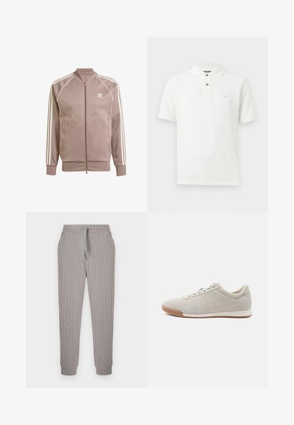 Mauve Adidas trainingsjack met volledige voorrits, witte drie strepen op de mouwen, geribbelde boorden en Adidas trefoil-logo op de linkerborst.; Witte polo met korte mouwen, voorzien van twee donkere knopen en een klein, subtiel logo op de linkerborst.; Lichtbeige joggingbroek met een subtiel herhalend patroon van de letter "A" over de hele lengte, elastische tailleband met trekkoord en omgeslagen pijpen.; Lichtbeige suède sneaker met witte veters, rubberen zool en subtiele stikseldetails, getoond vanaf de linkerkant op een witte achtergrond.