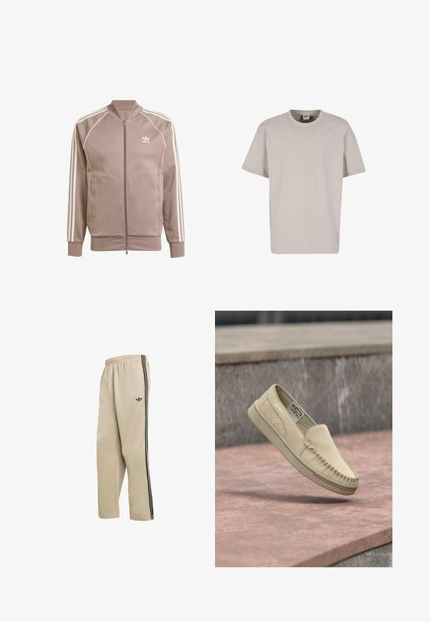 Mauve Adidas trainingsjack met volledige voorrits, witte drie strepen op de mouwen, geribbelde boorden en Adidas trefoil-logo op de linkerborst.; Urban Classics CUFF TEE - T-shirt basic - cloud; Beige sportbroek gemaakt van zacht materiaal, met zwarte zijstrepen en een klein zwart logo. Elastische tailleband voor een comfortabele pasvorm.; Beige suède instap loafer met doorgestikt zijpaneel, mocassinnaaien en een rubberen zool, zwevend boven een stenen oppervlak.
