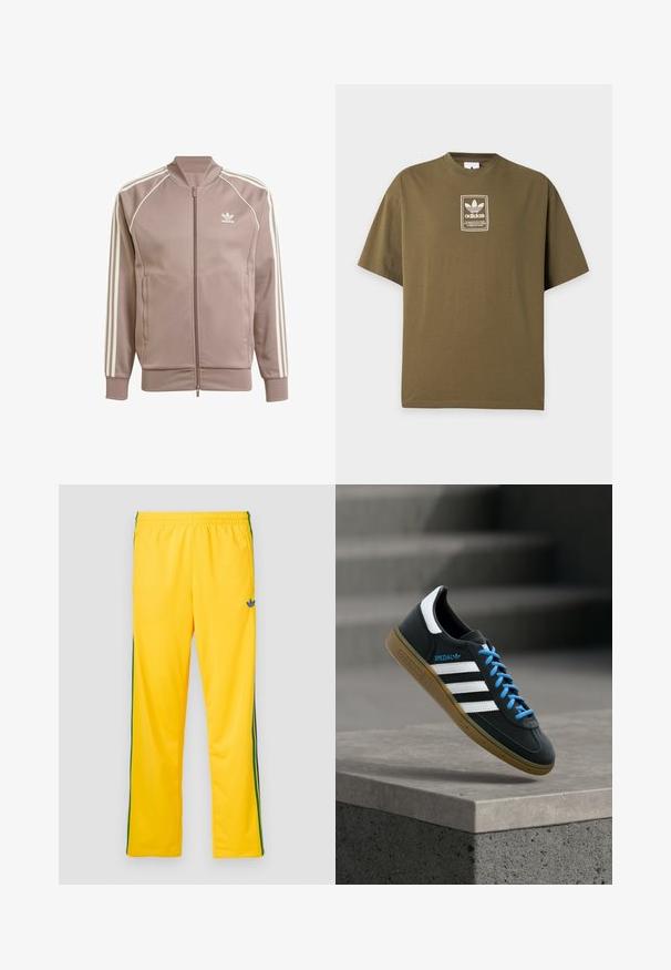Mauvefarbene Adidas Trainingsjacke mit durchgehendem Frontreißverschluss, weißen drei Streifen an den Ärmeln, gerippten Bündchen und Adidas Trefoil-Logo auf der linken Brust.; Olivgrünes Adidas T-Shirt mit kleinem weißem Logo und Textpatch zentriert auf der Brust vor schlichtem hellem Hintergrund.; Gelbe Sporthose mit elastischem Bund, grünen Seitenstreifen und einem kleinen blauen Logo am linken Oberschenkel. Glatte Stoffstruktur.; Schwarzer Adidas-Sneaker mit weißen Streifen, blauen Schnürsenkeln und Gummisohle, der über einer grauen Betontreppe im weichen Licht schwebt.