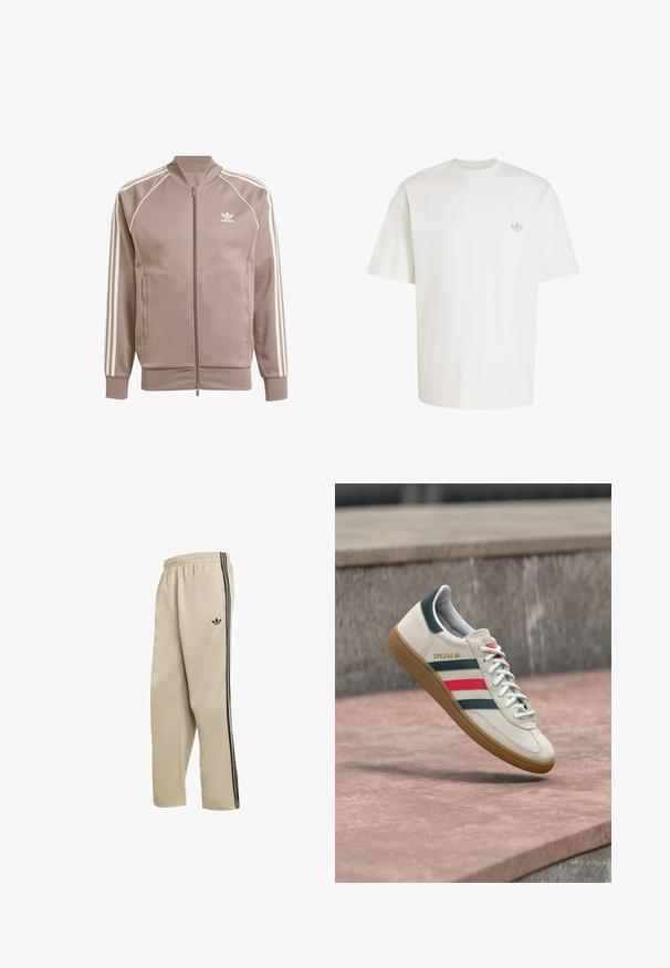 Mauvefarbene Adidas Trainingsjacke mit durchgehendem Frontreißverschluss, weißen drei Streifen an den Ärmeln, gerippten Bündchen und Adidas Trefoil-Logo auf der linken Brust.; Schlichtes weißes oversized T-Shirt mit kurzen Ärmeln und kleinem grauem Adidas-Logo auf der linken Brust.; Beige Sporthose aus weichem Stoff mit schwarzen Seitenstreifen und kleinem schwarzem Logo. Elastischer Bund für eine bequeme Passform.; Weißer Adidas Sneaker mit grünen und roten Streifen, Gummisohle und "SPEZIAL"-Branding, der über einem Steinpflaster schwebt.