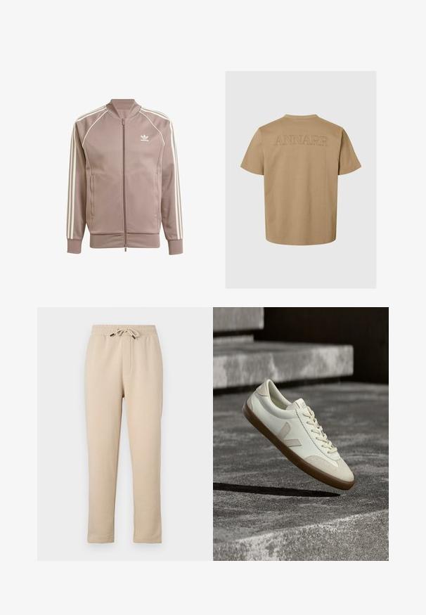 Mauve Adidas trackjakke med fuld lynlås foran, hvide tre striber på ærmerne, ribbet manchetter og Adidas trefoil-logo på venstre bryst.; Lysebrun T-shirt med korte ærmer, rund hals og "ANNARR" broderet med mørk tråd på ryggen. Blødt bomuldsmateriale.; Beige joggingbukser med elastisk taljebånd, justerbar snøring, to sidelommer og taperet ben design. Blød tekstur, afslappet stil.; Hvide læder sneakers med tanfarvet gummisål, flade snørebånd og V-formet detalje på siden. Har en glat overflade og minimale syninger.