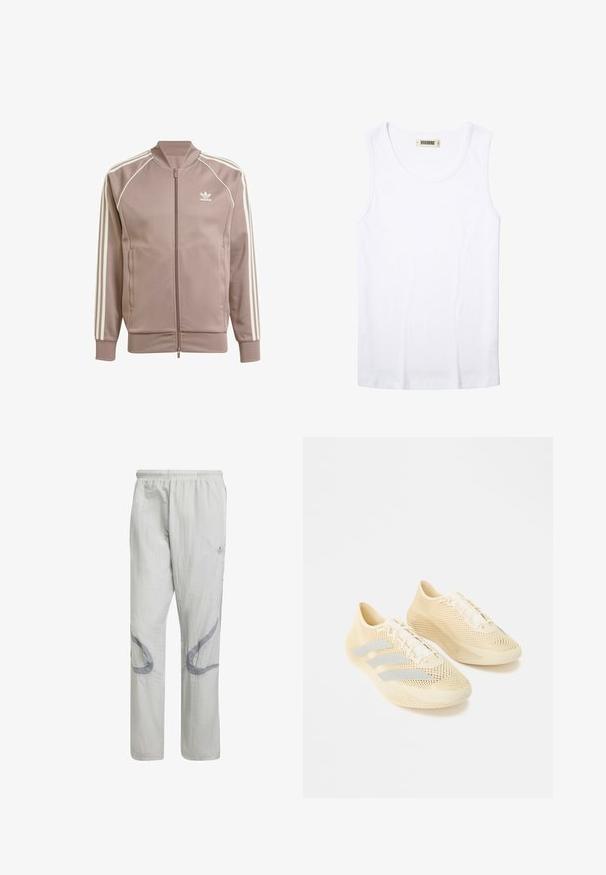 Mauvefarbene Adidas Trainingsjacke mit durchgehendem Frontreißverschluss, weißen drei Streifen an den Ärmeln, gerippten Bündchen und Adidas Trefoil-Logo auf der linken Brust.; Weißes, geripptes, ärmelloses Tanktop mit rundem Ausschnitt und Woodbird-Markenetikett am inneren hinteren Kragen.; Helle graue gewobene Hosen mit einem elastischen Bund und abstrakten grauen Mustern an den Seiten. Bietet einen lockeren, geraden Schnitt.; Beige leichte Sportschuhe mit strukturierter Oberfläche, Schnürdesign und drei hellgrauen Streifen an der Seite.