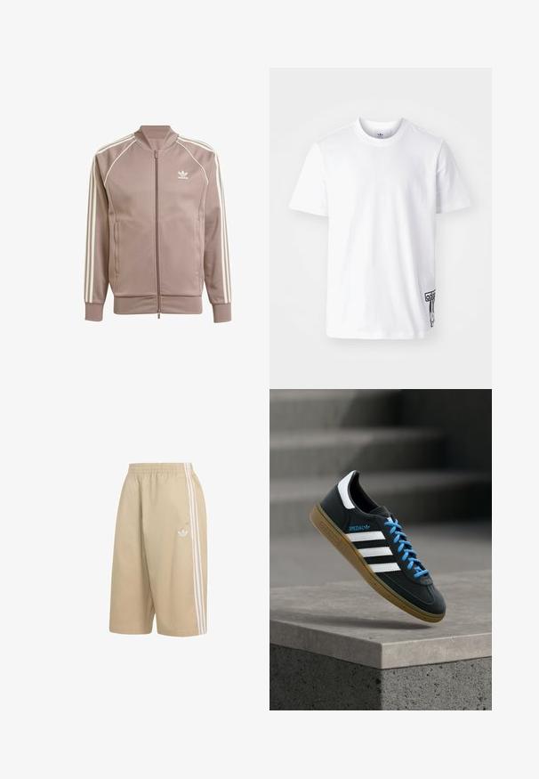Mauvefarbene Adidas Trainingsjacke mit durchgehendem Frontreißverschluss, weißen drei Streifen an den Ärmeln, gerippten Bündchen und Adidas Trefoil-Logo auf der linken Brust.; Weißes Baumwoll-T-Shirt mit kurzen Ärmeln, Rundhalsausschnitt und einem schwarzen Adidas-Logo-Patch auf der unteren linken Seite. Glatte Textur.; Beige Adidas-Shorts mit elastischem Bund, drei weißen Streifen an den Seiten und kleinem weißen Adidas-Trefoil-Logo am rechten Bein.; Schwarzer Adidas-Sneaker mit weißen Streifen, blauen Schnürsenkeln und Gummisohle, der über einer grauen Betontreppe im weichen Licht schwebt.