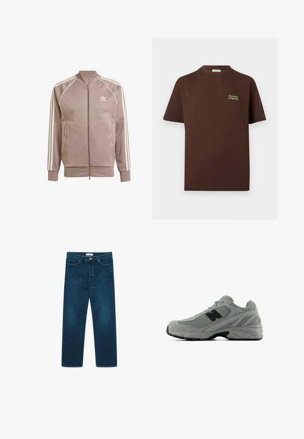 Mauve Adidas trackjakke med fuld lynlås foran, hvide tre striber på ærmerne, ribbet manchetter og Adidas trefoil-logo på venstre bryst.; Brun kortærmet bomulds-T-shirt med lille grøn tekst "the new originals" på venstre bryst og rund halsudskæring.; WOOD WOOD WW TYPE 2 DENIM STRAIGHT LEG - Jeans Straight Leg - dark ocean; Grå atletiksko lavet af mesh og ruskind. Har sort logo, polstret sål og teksturerede detaljer for bedre greb. Letvægtsdesign.