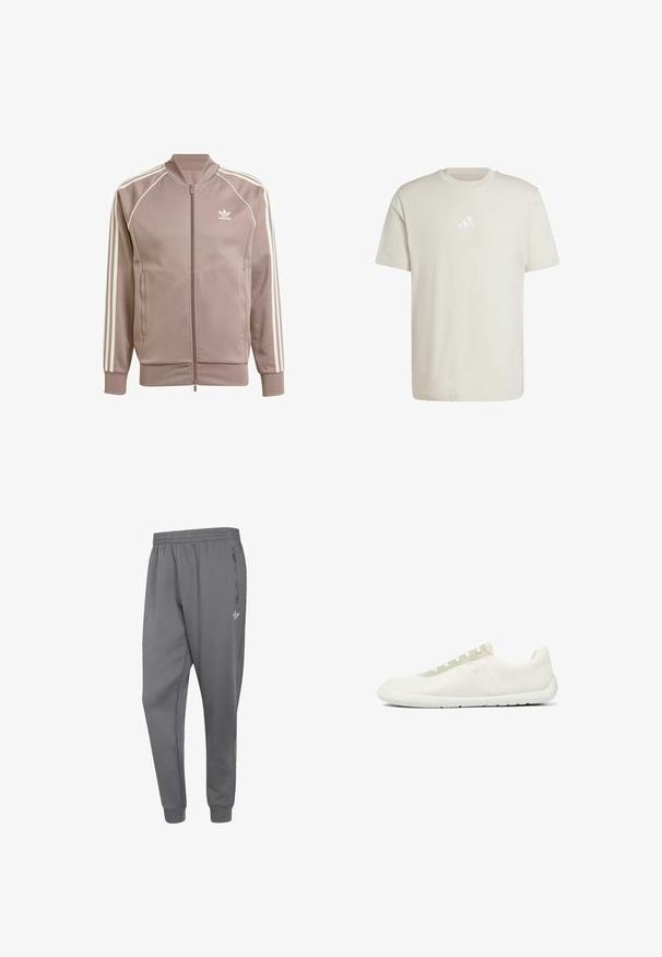Mauvefarbene Adidas Trainingsjacke mit durchgehendem Frontreißverschluss, weißen drei Streifen an den Ärmeln, gerippten Bündchen und Adidas Trefoil-Logo auf der linken Brust.; Hellbeige Baumwoll-T-Shirt mit Rundhalsausschnitt und kurzen Ärmeln. Verfügt über ein kleines, tonal gehaltenes Adidas-Logo auf der Brust. Weicher Stoff, klassischer Schnitt.; Graue Adidas Trainingshose mit elastischem Bund, Reißverschlusstasche seitlich und Bündchen an den Knöcheln, mit kleinem Adidas-Logo am Oberschenkel.; Minimalistischer weißer Low-Top-Sneaker mit strukturiertem Mesh-Gewebe, weißer Sohle und hellbeigem Schnürösen-Panel.