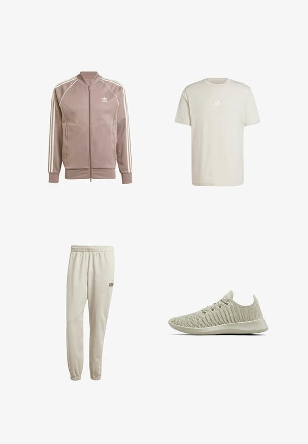 Mauvefarbene Adidas Trainingsjacke mit durchgehendem Frontreißverschluss, weißen drei Streifen an den Ärmeln, gerippten Bündchen und Adidas Trefoil-Logo auf der linken Brust.; Hellbeige Baumwoll-T-Shirt mit Rundhalsausschnitt und kurzen Ärmeln. Verfügt über ein kleines, tonal gehaltenes Adidas-Logo auf der Brust. Weicher Stoff, klassischer Schnitt.; Hellbeige Sweatpants mit elastischem Bund, schmal zulaufenden Bündchen und einem kleinen Markenlabel in der Nähe der Hüfte. Weicher Stoff mit glatter Textur.; Allbirds TREE RUNNERS - Sneaker low - mens tree runners/wheat beige sole