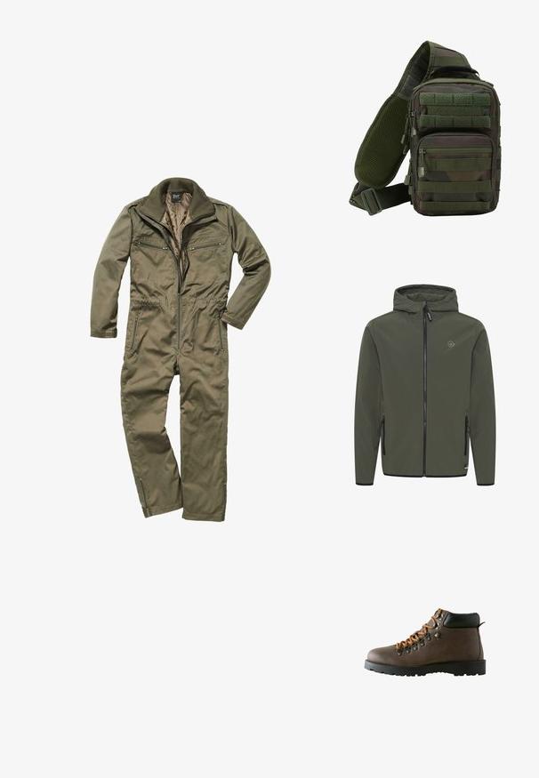 Kapucňová bunda v olivovo zelenej farbe, vyrobená z hladkého materiálu. Má predný zips, dve postranné vrecká a malé logo na hrudi.; Olivovo zelený overal vyrobený z odolnej tkaniny, s predným zipsom, rebrovaným golierom a viacerými zipsovými vreckami na hrudi a po stranách.; Hnedé kožené turistické topánky s oranžovými šnúrovačkami, kovovými očkami, polstrovaným čiernym golierom na členku a hrubou čiernou gumovou podrážkou.; Zelený kamuflážny sling batoh s viacerými zipsovými vreckami, nastaviteľným popruhom a sieťovinovým zadným panelom pre ventiláciu.