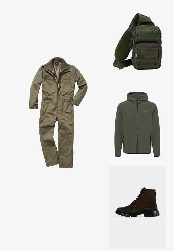 Kapucňová bunda v olivovo zelenej farbe, vyrobená z hladkého materiálu. Má predný zips, dve postranné vrecká a malé logo na hrudi.; Olivovo zelený overal vyrobený z odolnej tkaniny, s predným zipsom, rebrovaným golierom a viacerými zipsovými vreckami na hrudi a po stranách.; Tmavohnedá vysoká topánka s čiernou hrubou podrážkou, čiernymi šnúrkami a zaoblenou špičkou, zobrazená z boku na jednoliatom pozadí.; Zelený kamuflážny sling batoh s viacerými zipsovými vreckami, nastaviteľným popruhom a sieťovinovým zadným panelom pre ventiláciu.