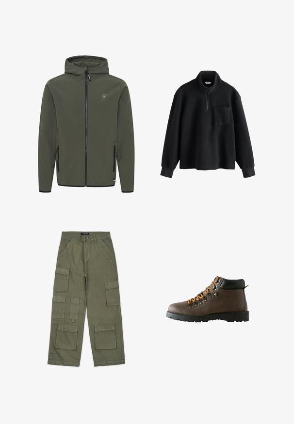 Hættejakke i olivengrøn, lavet af glat stof. Har en frontlynlås, to sidelommer og et lille logo på brystet.; Sort fleece-pullover med kvart-lynlås foran, høj krave, lange ærmer, ribbede manchetter og en brystlomme.; Oliven grønne cargo bukser lavet af blødt stof med flere lommer, lige pasform og syninger. Brandlogo på taljebåndet.; Brun lædervandringsstøvle med orange snørebånd, metaløjer, polstret sort ankelkrave og tykk sort gummisål.