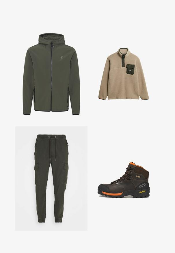 Hooded jacket in olijfgroen, gemaakt van gladde stof. Voorzien van een voorkeursrits, twee zijzakken en een klein logo op de borst.; Beige fleecetroyer met hoge kraag, groene drukknoopsluiting en een borstzak. Het materiaal heeft een zachte, textuurachtige afwerking. Berglogo op de zak.; Khaki cargo broek van katoen, met een elastische tailleband met trekkoord, zijzakken en elastische manchetten.; Bruine leren wandelschoen met zwarte en oranje accenten, zwarte veters, Vibram-zool, Gore-Tex-label en Aigle 1853-merkteken op de hiel.