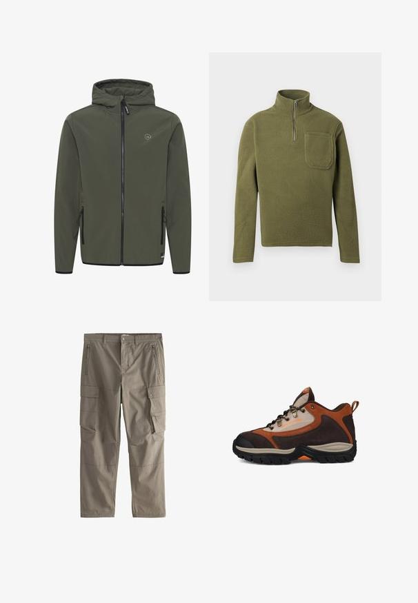 Hættejakke i olivengrøn, lavet af glat stof. Har en frontlynlås, to sidelommer og et lille logo på brystet.; Oliven grøn fleece-pullover med halvlukket krave, lange ærmer og en brystlomme. Blød tekstur med et holdbart design.; Khaki cargobukser med bæltestropper, lynlåslommer foran, sidelommer med trykknapper og lige ben.; Brun og beige vandresko med sort sål, metaløjer, bånd ved hælen og "DC SHOE CO USA" branding på siden.