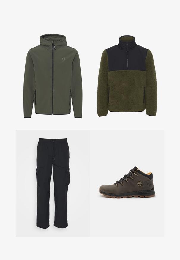 Hættejakke i olivengrøn, lavet af glat stof. Har en frontlynlås, to sidelommer og et lille logo på brystet.; Fleece pullover i olivengrøn med en sort nylon brystpanel. Har en høj krave, en halv lynlås lukning og sidelommer.; Sorte cargo-bukser lavet af vævet stof. Har justerbar talje, sidelommer og to værktøjslommer med lynlås.; Brun læder vandrestøvle med sorte detaljer. Har runde snørebånd, polstret krave og struktureret gummisål. Timberland-logo på hælen.