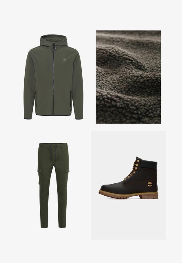 Kapucňová bunda v olivovo zelenej farbe, vyrobená z hladkého materiálu. Má predný zips, dve postranné vrecká a malé logo na hrudi.; Tmavo šedá textúrovaná látka s jemným, plyšovým povrchom, so zvlneným vzorom a hebkým vzhľadom, vhodná na teplo a pohodlie.; Olivovo zelené cargo nohavice s elastickým pásom a šnúrkou, s bočnými vreckami, zúženými členkami a hladkým, odolným textúrou látky.; Čierne kožené členkové topánky so zlatými očkami, hnedými akcentmi a gumovou podrážkou. Majú polstrovaný golier a embosované logo na boku.