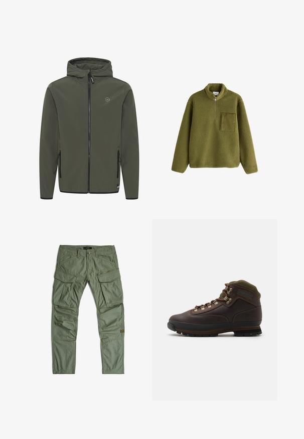 Veste à capuche en vert olive, faite d'un tissu lisse. Elle possède une fermeture éclair à l'avant, deux poches latérales et un petit logo sur la poitrine.; Pull polaire vert olive à manches longues, demi-fermeture éclair devant, col montant, et poche poitrine carrée texturée sur le côté gauche.; Pantalon cargo vert avec plusieurs poches, y compris des poches zippées et à rabat, passants de ceinture et panneaux cousus aux genoux, posé à plat sur un fond blanc.; Botte de randonnée en cuir brun avec un col en tissu vert. Présente des crochets métalliques pour les lacets, une semelle en caoutchouc et un motif texturé pour l'adhérence.