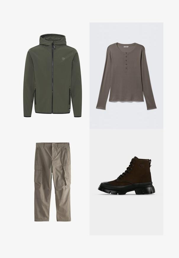 Hættejakke i olivengrøn, lavet af glat stof. Har en frontlynlås, to sidelommer og et lille logo på brystet.; Grå henley-shirt med lange ærmer, fem knapper og rund halsudskæring, vist på en ensartet hvid baggrund.; Khaki cargobukser med bæltestropper, lynlåslommer foran, sidelommer med trykknapper og lige ben.; Mørkebrune højtopssko med sort kraftig sål, sorte snørebånd og rund næse, vist fra siden mod en ensfarvet baggrund.