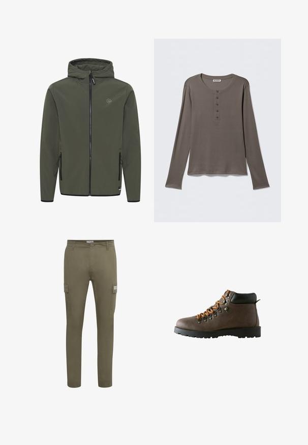 Kapucňová bunda v olivovo zelenej farbe, vyrobená z hladkého materiálu. Má predný zips, dve postranné vrecká a malé logo na hrudi.; Dlhý sivý henley s piatimi gombíkmi a okrúhlym výstrihom, zobrazený na jednoduchom bielom pozadí.; Olivové cargo nohavice vyrobené z ľahkej tkaniny, s rovnom strihom, bočnými vreckami a elastickými manžetami na členkoch.; Hnedé kožené turistické topánky s oranžovými šnúrovačkami, kovovými očkami, polstrovaným čiernym golierom na členku a hrubou čiernou gumovou podrážkou.
