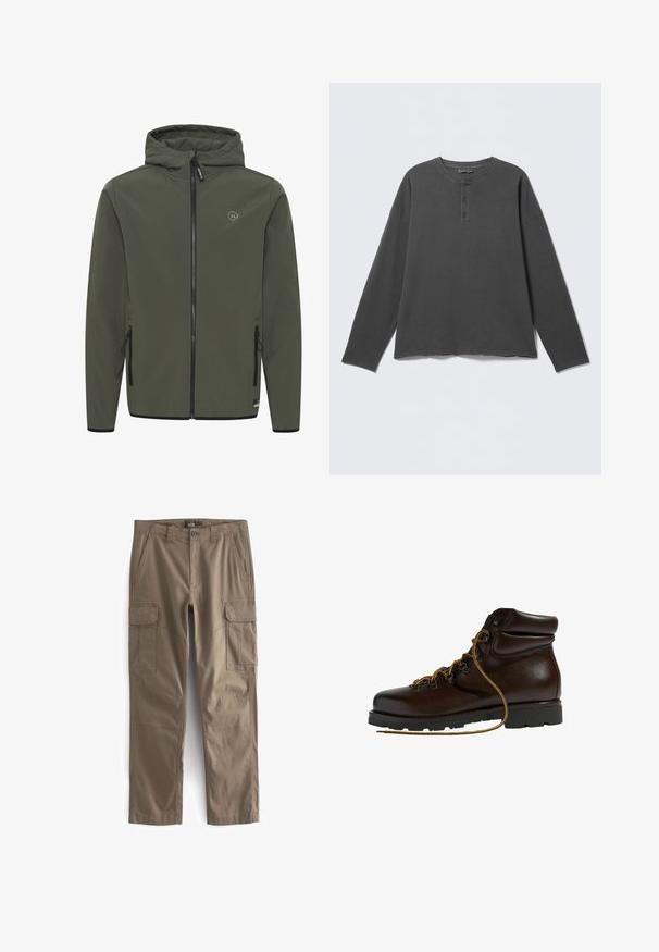 Hooded jacket in olijfgroen, gemaakt van gladde stof. Voorzien van een voorkeursrits, twee zijzakken en een klein logo op de borst.; Donkergrijs henley-shirt met lange mouwen, een ronde halslijn en drie knopen op de voorklep.; Khaki cargobroeken gemaakt van duurzaam materiaal, met meerdere zijzakken, een klassieke pasvorm, een rechte pijpontwerp en verstevigde stikdetails.; Bruine leren wandelschoen met een ronde neus, gestructureerd oppervlak, gele veters en metalen oogjes. Heeft een robuuste zwarte rubberen zool.