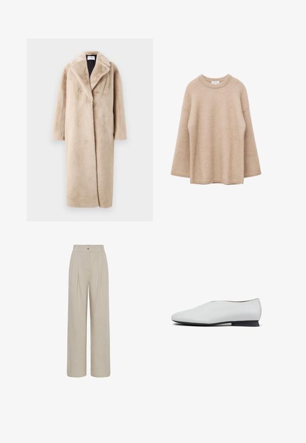 Manteau en fausse fourrure beige au silhouette décontractée, avec de larges revers et des manches longues. La surface a une texture douce et pelucheuse et un design moderne et minimal.; Pull beige à manches longues avec col rond, texture douce et duveteuse, coupe décontractée, présenté sur un fond blanc.; Pantalon beige taille haute à jambes larges avec plis devant, passants pour ceinture et fermeture bouton à la taille.; Chaussure blanche en cuir avec un bout rond et un petit talon noir, présentant une texture lisse et une silhouette simple et élégante.