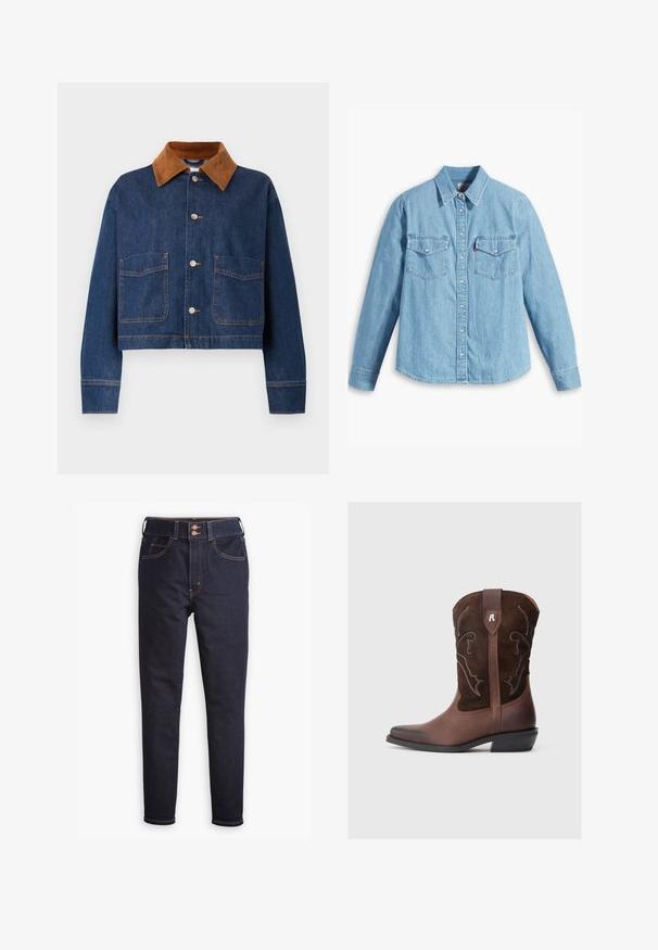 Gekort denim jack in donkerblauw met een kraag van bruin suède, voorzien van twee voorzakken en zilveren knopen met zichtbare stiksels.; Lichtblauwe spijker blouse met lange mouwen, puntige kraag, twee borstzakken, knoopsluiting en subtiele textuur. Geen zichtbare patronen.; Donkerblauwe hoge taille skinny jeans met voorzakken, dubbele knoopsluiting en contrasterende oranje stiksels op een witte achtergrond.; Bruine leren cowboylaars met een gestructureerd suède bovendeel, gedetailleerde witte stiksels, een spits toelopende neus en een lage blokhak.