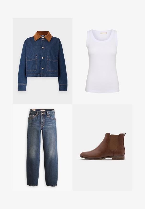 Veste en denim raccourcie bleu foncé avec un col en suède marron, dotée de deux poches avant et de boutons en métal argenté avec des détails de couture visibles.; Débardeur blanc côtelé sans manches avec encolure dégagée, petite étiquette de marque à l'intérieur du col et coupe ajustée.; Jean en denim bleu foncé avec une coupe droite, doté de cinq poches, de rivets en cuivre et d'un léger délavage sur les cuisses.; Bottines en cuir marron avec des panneaux latéraux en élastique, bout rond et un petit talon empilé ; texture lisse avec une finition subtile.