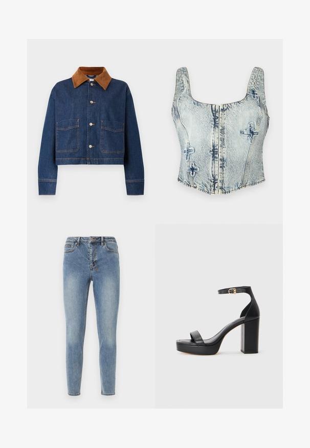 Afskåret denimjakke i mørkeblå med en krave i brunt ruskind, der har to frontlommer og sølvknapper med synlige stikninger.; Lette blå denim crop-top med firkantet halsudskæring, brede stropper, frontlynlås og dekorativ søm i et krydsmønster.; Blå falmet slim-fit denimjeans med forlommer, bæltestropper og lukning med knap.; Sorte platform sandaler med en tykk blokhæl, glat lædermateriale, åbent tådesign og en ankelrem med en guldspænde detalje.
