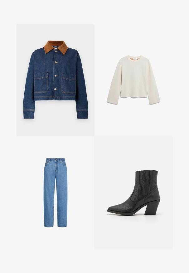 Gekort denim jack in donkerblauw met een kraag van bruin suède, voorzien van twee voorzakken en zilveren knopen met zichtbare stiksels.; Lichtbeige cropped sweatshirt met lange mouwen, ronde halslijn en zijslits; gemaakt van zachte stof met een gladde textuur.; Blauwe spijkerbroek met rechte pijpen, hoge taille, voorste knoop en zakken, getoond tegen een witte achtergrond.; Zwarte enkellaars gemaakt van gestructureerd leer, met een spitse neus en een chunky, schuine hak. Elastische zijkanten voor gemakkelijk aan- en uittrekken.