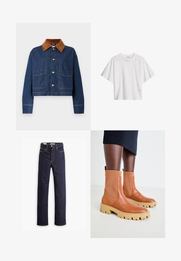 Afskåret denimjakke i mørkeblå med en krave i brunt ruskind, der har to frontlommer og sølvknapper med synlige stikninger.; Hvid kortærmet løstsiddende bomulds T-shirt med rund halsudskæring og mærkeindvendigt i kraven.; Mørkeblå straight-leg denim jeans med fem lommer og synlig orange syning på hvid baggrund.; Brune læder ankelstøvler med ribbede elastiske paneler, chunky beige sål og trækstrop detalje; moderne design med en tekstureret overflade.