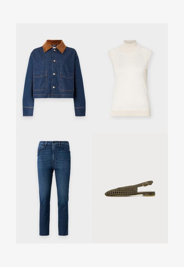 Gekort denim jack in donkerblauw met een kraag van bruin suède, voorzien van twee voorzakken en zilveren knopen met zichtbare stiksels.; Mouwloze crèmekleurige coltrui met geribbelde kraag en zoom, afgebeeld tegen een effen lichte achtergrond.; Blauwe slim-fit jeans met een klassiek vijf-pocket ontwerp en knoopsluiting, voorzien van subtiele vervaging en een schone rechte pijp.; Olivengroene geweven platte slingback schoen met kleine gouden gesp en vierkante hak op witte achtergrond.