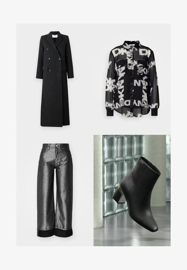 Manteau long croisé en tissu noir avec des fines rayures. Il présente des revers crantés, des poches latérales et des détails de boutons.; Chemise noire transparente à boutons avec de grands logos blancs DKNY, deux poches avant et des poignets élastiques sur les longues manches. Tissu léger.; Jeans à jambes larges en denim gris métallique foncé avec une texture lisse. Comprend un revers en denim noir et une fermeture à bouton classique avec passants de ceinture.; Bottine en cuir noir à talon bloc, logo DKNY près du haut, exposée devant un mur en blocs de verre et un sol en béton poli.