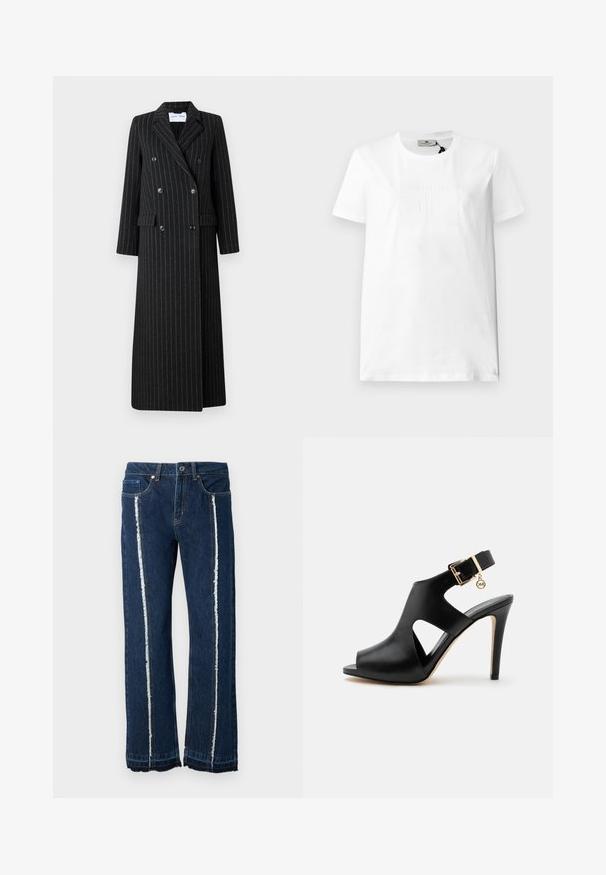 Manteau long croisé en tissu noir avec des fines rayures. Il présente des revers crantés, des poches latérales et des détails de boutons.; T-shirt en coton blanc à manches courtes et col rond. Présente un logo en relief et un design de texte sur le devant, texture lisse.; Jean en denim bleu foncé avec une coupe droite, présentant des coutures latérales effilochées blanches et un design traditionnel à cinq poches.; Sandale noire en cuir à talon haut avec bout ouvert, découpes latérales, bride à la cheville, boucle dorée et petit pendentif rond sur un fond clair.