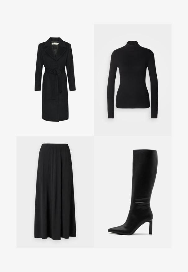 Zwarte wollen jas met een ceintuur in de taille, notch-kraag en lange mouwen. Glad textuur en recht gesneden ontwerp. Minimalistische stijl.; Zwarte coltrui gemaakt van lichte brei stof. Heeft lange mouwen, een aansluitend design en een zachte ribbeltextuur.; Zwarte maxi-rok gemaakt van gladde stof, met een brede, elastische tailleband en een rechte silhouet met subtiele plooien.; Even&Odd Laarzen - black