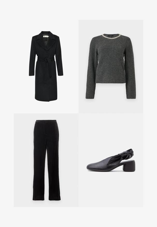 Zwarte wollen jas met een ceintuur in de taille, notch-kraag en lange mouwen. Glad textuur en recht gesneden ontwerp. Minimalistische stijl.; Donkergrijze geribde trui met lange mouwen en een ronde halslijn versierd met een zilveren kettingaccent.; Zwarte fluwelen broek met een rechte pasvorm, voorzien van een soepele textuur, subtiele stikdetails en een klassieke tailleband.; Zwarte leren slingback met een afgeronde neus, een geknoopt banddetail en een lage blokhak op een witte achtergrond.