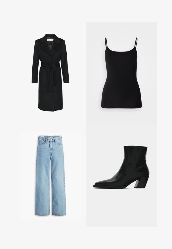 Černý vlněný kabát s páskem v pase, klopovým límcem a dlouhými rukávy. Hladká textura a rovný střih. Minimalistický styl.; Čierny top s tenkými nastaviteľnými ramienkami, hladkým elastickým materiálom a priliehavým strihom. Bez vzorov alebo ozdôb.; Svetlomodré široké nohavice s vysokým pásom, predným gombíkom a zipsom, pútka na opasok a štýl s piatimi vreckami.; Čierna kožená členková topánka s špicatou špičkou, elegantným siluetou a masívnym štvorecovým podpätkom. Hladký povrch s minimálnymi švovými detailmi.