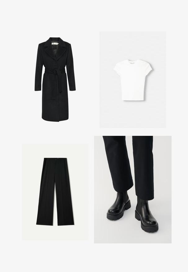 Zwarte wollen jas met een ceintuur in de taille, notch-kraag en lange mouwen. Glad textuur en recht gesneden ontwerp. Minimalistische stijl.; Witte t-shirt met korte mouwen van zachte katoen, met een ronde halslijn en een getailleerde vorm. Geen zichtbare patronen of versieringen.; Bershka WIDE - Broek - black; Persoon die zwarte leren enkellaarzen met dikke zool draagt, gecombineerd met zwarte broek met rechte pijpen op een witte achtergrond.