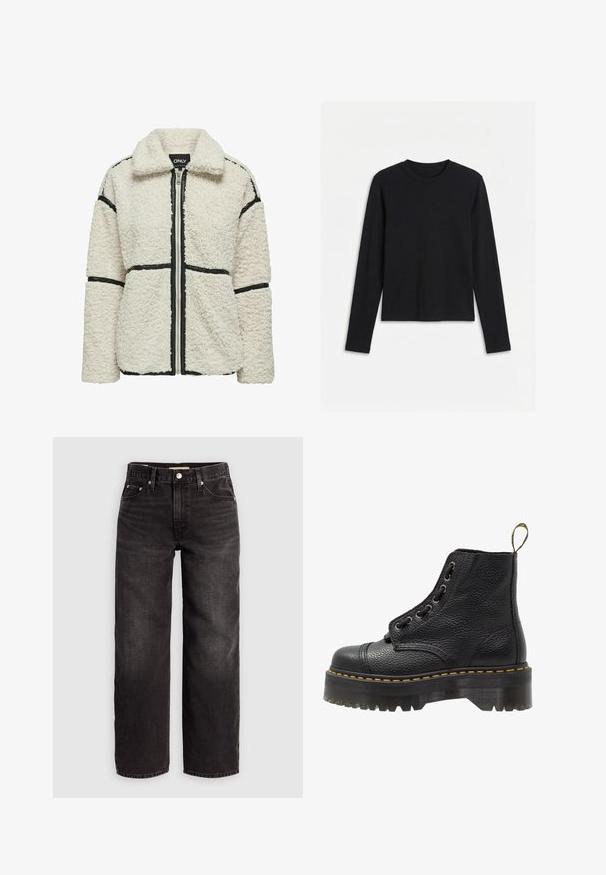 ONLY Teddy ONLPARIS Teddy - Veste polaire - white sand; T-shirt noir à manches longues avec col rond, coupe ajustée et design uni, présenté sur un fond blanc.; Levi's® BAGGY DAD - Jean baggy - shrink up; Bottines en cuir noir avec surface texturée, bout arrondi, lacets, coutures jaunes et une épaisse semelle noire crantée.