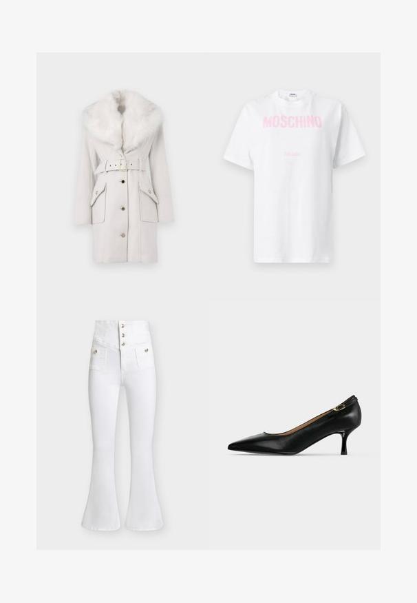 Manteau blanc ceinturé avec un grand col en fausse fourrure moelleux, boutons sur le devant et deux poches à rabat avec des boutons pression en ton or.; T-shirt en coton blanc avec le texte "MOSCHINO" en rose sur la poitrine et un texte plus petit "Milano" en dessous, manches courtes et encolure ronde.; Jean évasé blanc taille haute avec fermeture à boutons sur le devant et deux poches avant à rabat avec boutons.; Escarpin en cuir noir à bout pointu avec talon kitten et petite bride à boucle dorée à l'arrière sur fond gris clair.