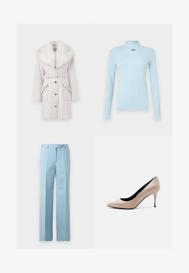 Manteau blanc ceinturé avec un grand col en fausse fourrure moelleux, boutons sur le devant et deux poches à rabat avec des boutons pression en ton or.; Haut à col roulé à manches longues bleu clair en tissu côtelé, avec un petit logo bleu sur la poitrine et une coupe ajustée.; Pantalon bleu clair sur mesure avec taille haute, passants de ceinture, plis devant et coupe droite sur fond blanc.; Chaussure à talon haut pointu en cuir verni beige avec talon aiguille fin et doublure intérieure noire sur fond blanc.