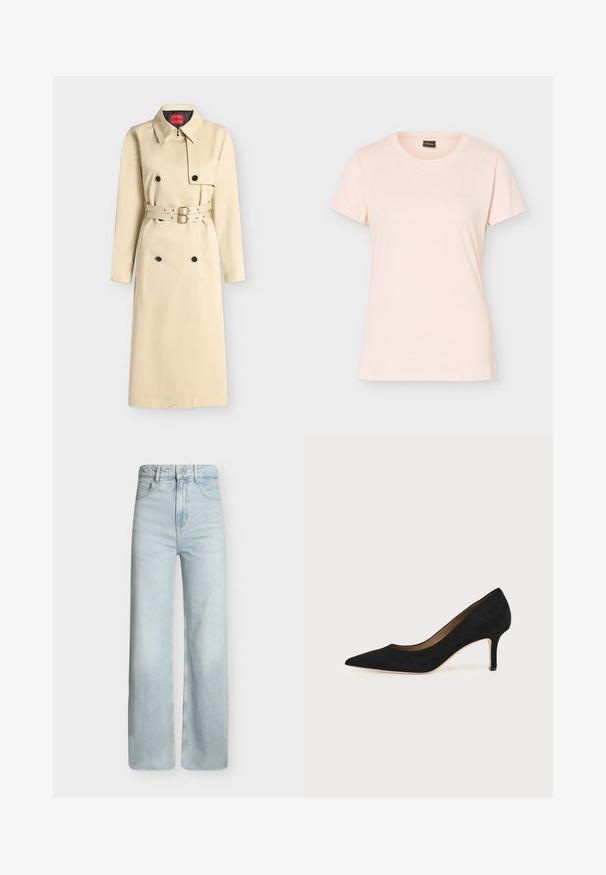 Trench-coat long beige avec des boutons noirs croisés, col pointu et ceinture à double boucle à la taille.; T-shirt rose clair à manches courtes avec col rond, petit logo BOSS embossé sur la poitrine gauche et étiquette noire à l'intérieur du col.; Jean bleu clair taille haute à jambes larges avec poches à l'avant, passants de ceinture et fermeture par bouton métallique sur fond uni.; Escarpin en daim noir à bout pointu avec un talon stiletto fin de hauteur moyenne et un design à coupe basse sur un fond uni.