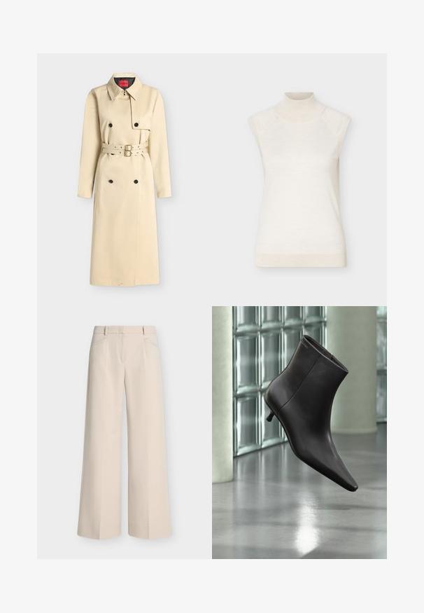 Trench-coat long beige avec des boutons noirs croisés, col pointu et ceinture à double boucle à la taille.; Pull sans manches à col roulé crème avec col et ourlet côtelés, présenté sur un fond clair uni.; Pantalon beige à jambes larges avec poches avant, passants de ceinture et devant plat, présenté sur un fond clair uni.; Bottine en cuir noir avec bout pointu et petit talon, présentée devant un mur en blocs de verre et un sol poli.