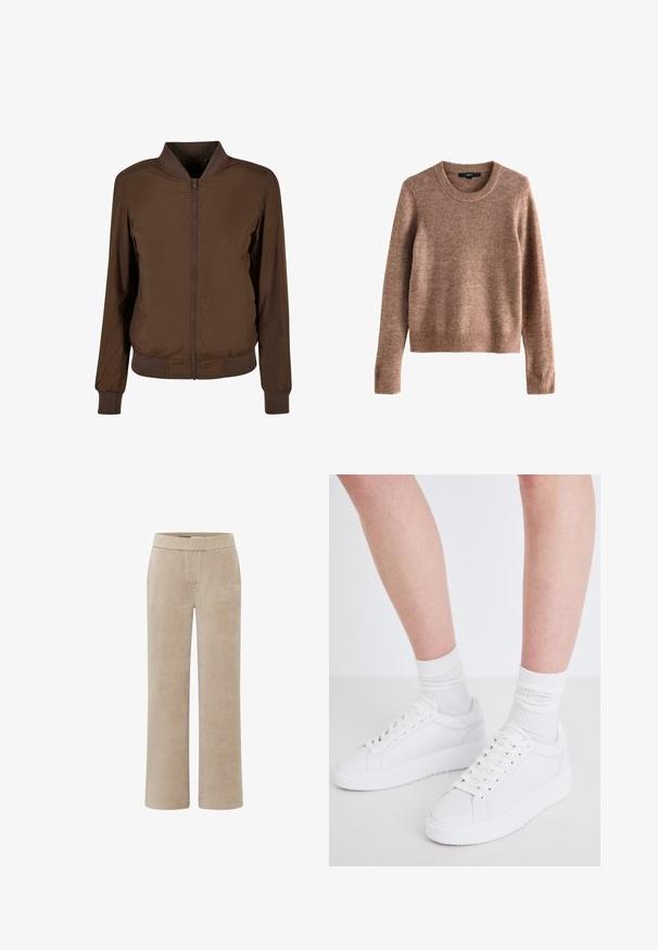 Brun bomberjakke med lynlås foran, ribbede manchetter og kant. Fremstillet af glat, letvægtsstof med sidelommer.; Brun langærmet strikket sweater med rund hals, ribbede manchetter og kant, lagt fladt på en hvid baggrund.; Beige lige bukser i corduroy med elastisk talje, uden synlige lommer eller knapper, vist på en hvid baggrund.; Copenhagen Studios CPH72 - Sneakers - white