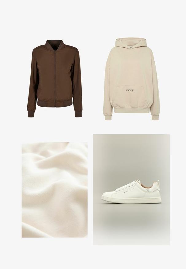 Chaqueta bomber marrón con cierre de cremallera en la parte frontal, puños y dobladillo acanalados. Hecha de un tejido suave y ligero con bolsillos laterales.; Sudadera con capucha beige con bolsillo frontal, puños acanalados y capucha con cordón. Texto "PECADOR PGDR" impreso en el área del bolsillo.; Tejido suave de color crema con una superficie lisa y ligeramente texturizada, que muestra pliegues suaves y sutiles variaciones en el color.; Zapatilla blanca de corte bajo con cordones, detalles laterales perforados y una lengüeta en el talón, sobre un fondo neutro.