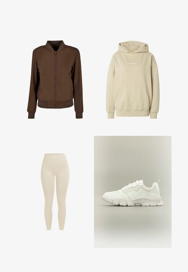 Chaqueta bomber marrón con cierre de cremallera en la parte frontal, puños y dobladillo acanalados. Hecha de un tejido suave y ligero con bolsillos laterales.; Sudadera con capucha beige con bolsillo canguro frontal, puños y dobladillo acanalados, y pequeño logo blanco "PEBAGOR" centrado en el pecho.; Leggings beige de cintura alta sin costuras con una ancha pretina elástica y corte hasta el tobillo sobre un fondo blanco.; Zapatilla deportiva blanca con parte superior de malla y cuero, suela gruesa y lengüeta en el talón, mostrada de perfil sobre fondo neutro.